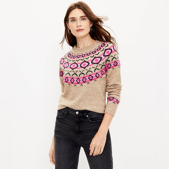 LOFT Wool Blend Fair Isle Crew Neck Sweater Size Small Beige Tan Pink - Picture 1 of 8